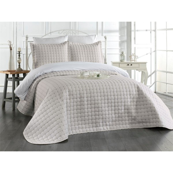 Cuvertura pentru pat dublu din Bumbac Satinat, 220x240cm, plus 2 fete de perna, Crem, CBS-073