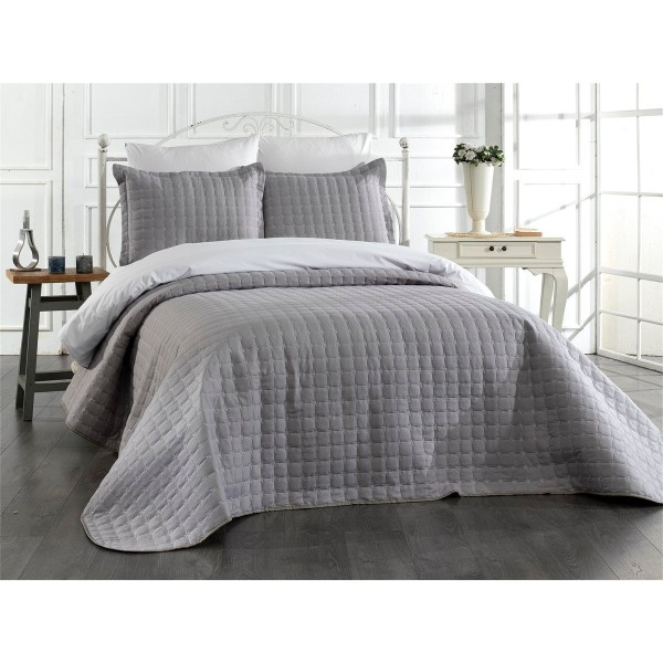 Cuvertura pentru pat dublu din Bumbac Satinat, 220x240cm, plus 2 fete de perna, Gri, CBS-074
