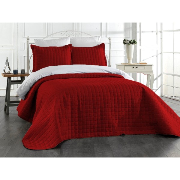 Cuvertura pentru pat dublu din Bumbac Satinat, 220x240cm, plus 2 fete de perna, Visiniu, CBS-075