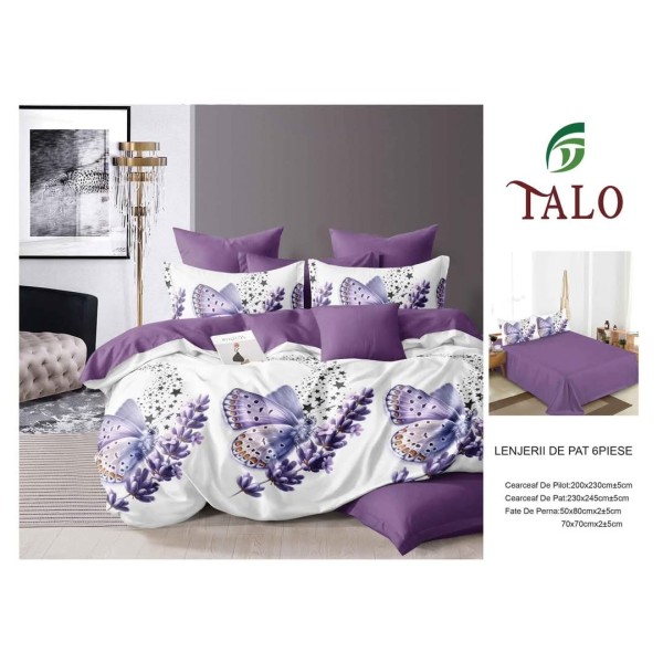 Set Lenjerie de Pat din Finet cu 2 Fete, 6 Piese, Pat 2 Persoane, Alb-Mov, fluturi, flori, OLD-051