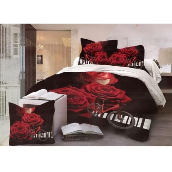 Lenjerie pat dublu, 4 piese, Bumbac Satinat Superior, Rosu-Alb, flori, LDBS-018