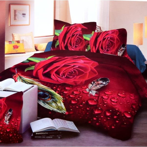Lenjerie pat dublu, 4 piese, Bumbac Satinat Superior, Rosu, trandafiri, OLBS-012
