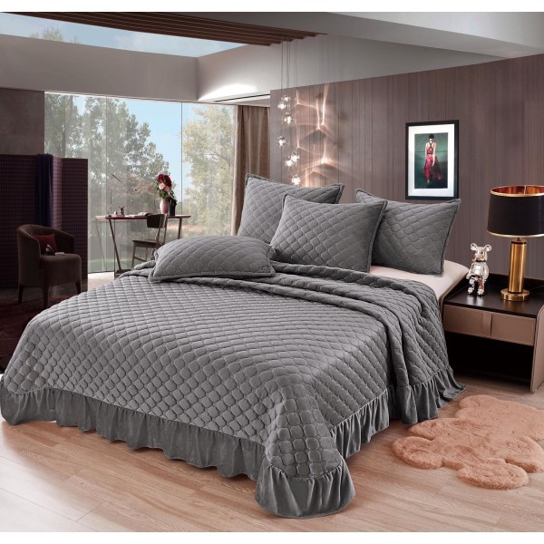 Set Cuvertura de Pat din Catifea, cu Volane, 3 Piese, Pat 2 Persoane, Gri, CCV-035