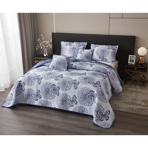 Set Cuvertura de Pat din Bumbac cu In, 5 pierse, 230x250 cm, flori, fluturi, CBI-003