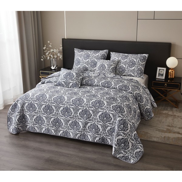 Set Cuvertura de Pat din Bumbac cu In, 5 pierse, 230x250 cm, Alb-Negru, frunze, CBI-005