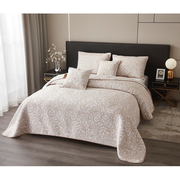 Set Cuvertura de Pat din Bumbac cu In, 5 pierse, 230x250 cm, Alb-Bej, frunze, CBI-006