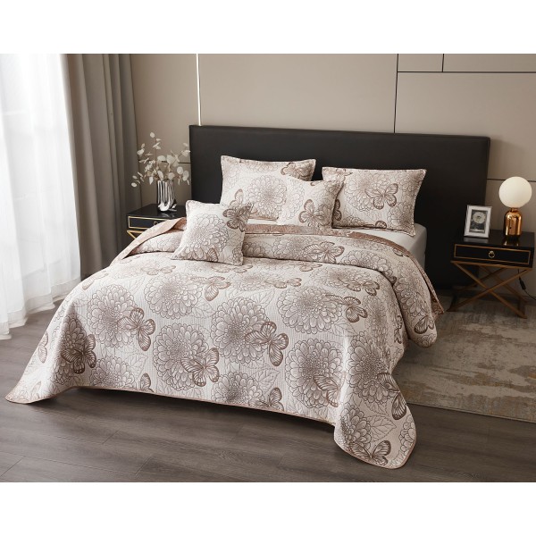 Set Cuvertura de Pat din Bumbac cu In, 5 pierse, 230x250 cm, Alb-Maro, flori, fluturi, CBI-010