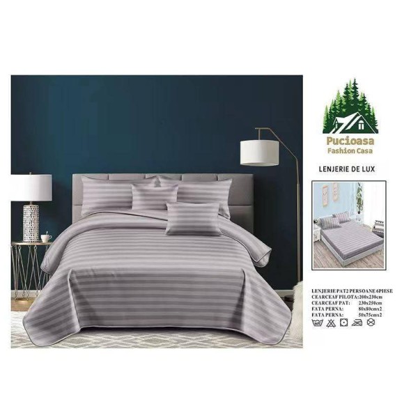 Lenjerie, pat dublu, cu ELASTIC, Damasc Finetat, 6 piese, Gri, LDS-079