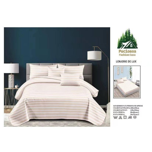 Lenjerie, pat dublu, cu ELASTIC, Damasc Finetat, 6 piese, Crem, LDS-081