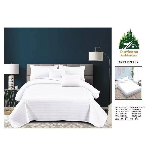 Lenjerie, pat dublu, cu ELASTIC, Damasc Finetat, 6 piese, Alb, LDS-080