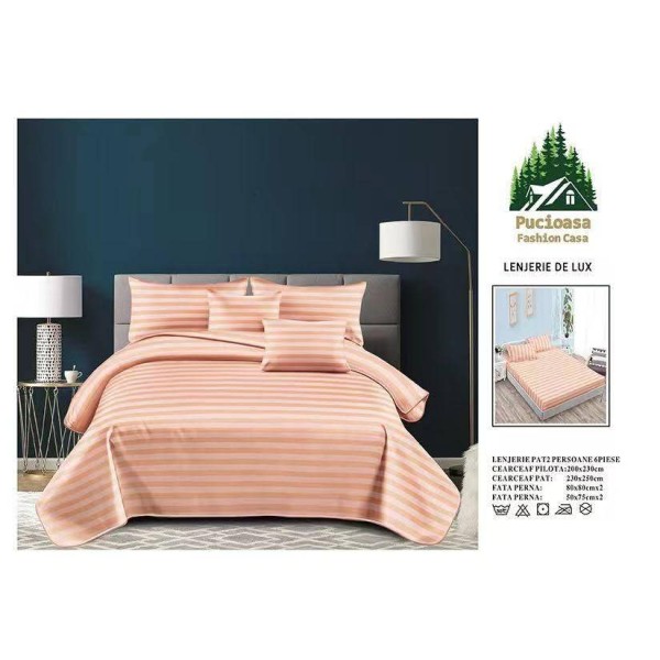 Lenjerie, pat dublu, cu ELASTIC, Damasc Finetat, 6 piese, Bej, LDS-050