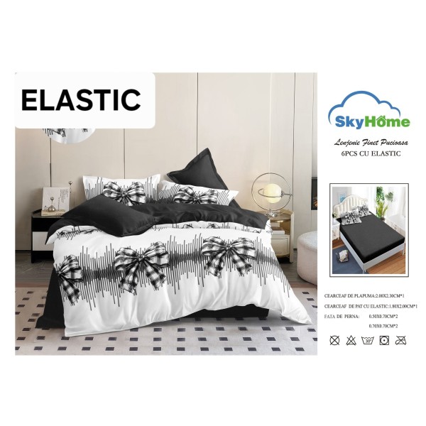 Set Lenjerie 6 Piese Finet cu Elastic pentru Pat Dublu, Alb-Negru, fundulite, OLD-134