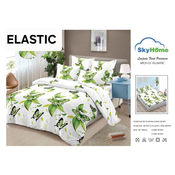 Set Lenjerie Finet 6 Piese cu Cearșaf cu Elastic–Pat Dublu, Alb-Verde, fluturi, OLD-135