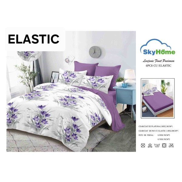 Set Lenjerie 6 Piese cu Elastic pentru Pat Dublu, Alb-Mov, flori, OLD-137