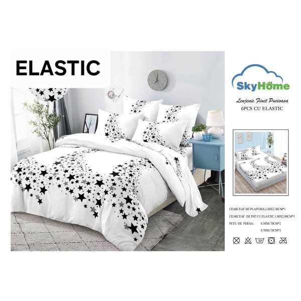 Set Lenjerie 6 Piese Finet cu Elastic pentru Pat Dublu Alb-Negru, stele, OLD-138