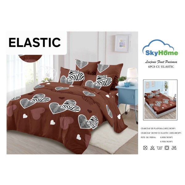 Set Lenjerie Finet 6 Piese cu Cearșaf cu Elastic–Pat Dublu, Maro-Alb, inimioare, OLD-139