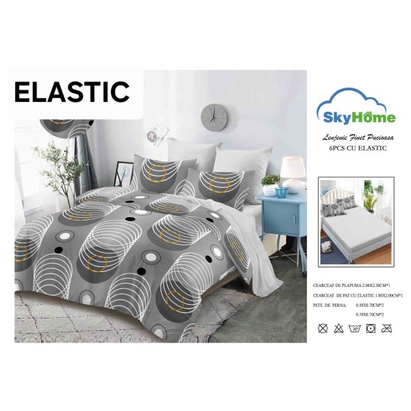 Set Lenjerie Finet 6 Piese cu Cearșaf cu Elastic–Pat Dublu, Gri-Alb, cercuri, OLD-141
