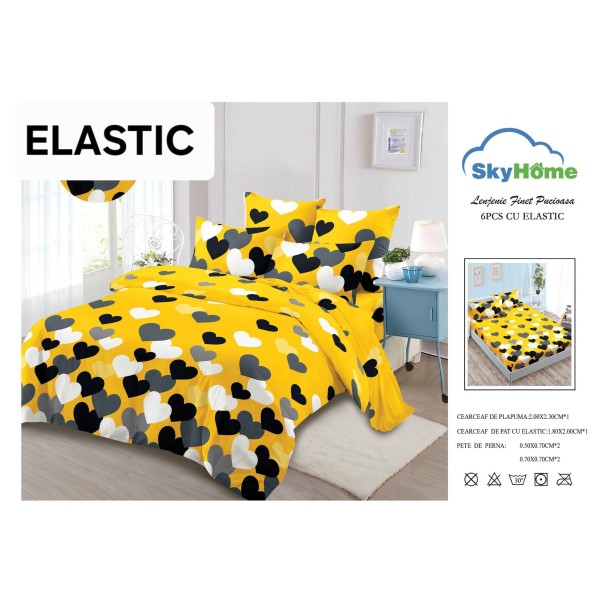 Set Lenjerie Finet 6 Piese cu Cearșaf cu Elastic–Pat Dublu, Galben-Alb, inimi, OLD-142
