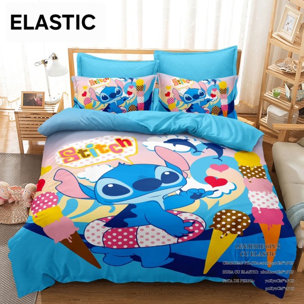 Lenjerie pat dublu, 6 piese, bumbac-finet, cu ELASTIC, Blue-Multicolor, Stitch, LCC-026