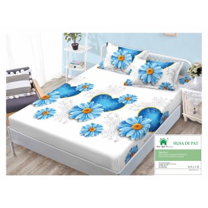 Cearsaf cu elastic, Bumbac FINET, 160x200cm, 2 fete de perne 50x70cm, Alb-Albastru, flori, inimi, HDF-171