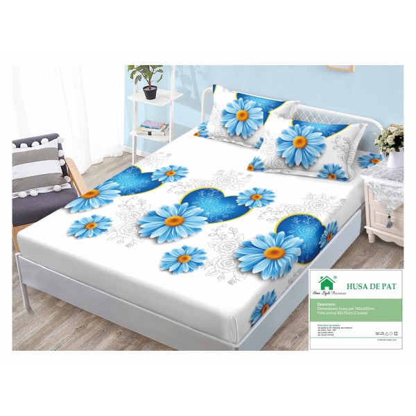 Cearsaf cu elastic, Bumbac FINET, 160x200cm, 2 fete de perne 50x70cm, Alb-Albastru, flori, inimi, HDF-171