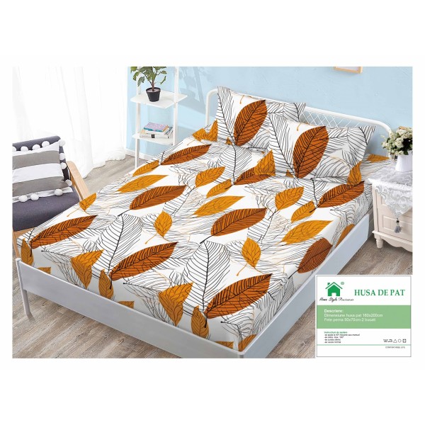Cearsaf cu elastic, Bumbac FINET, 160x200cm, 2 fete de perne 50x70cm, Alb-Maro, frunze, HDF-092