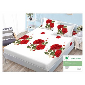 Cearsaf cu elastic, Bumbac FINET, 160x200cm, 2 fete de perne 50x70cm, Alb-Multicolor, flori, HDF-077