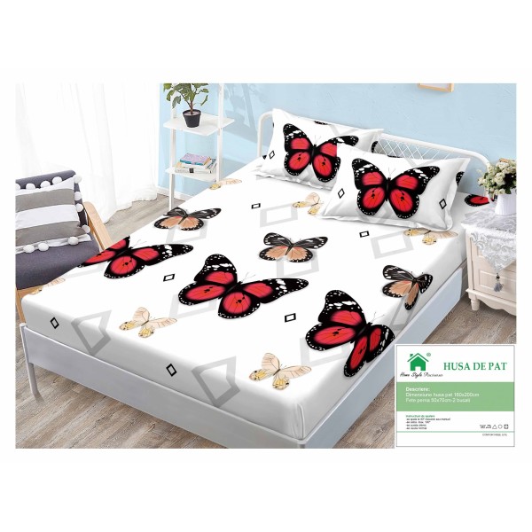 Cearsaf cu elastic, Bumbac FINET, 160x200cm, 2 fete de perne 50x70cm, Alb-Multicolor, fluturi, HDF-105