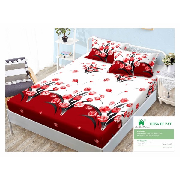 Cearsaf cu elastic, Bumbac FINET, 160x200cm, 2 fete de perne 50x70cm, Alb-Rosu, flori, HDF-102