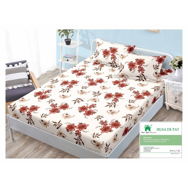 Cearsaf cu elastic, Bumbac FINET, 160x200cm, 2 fete de perne 50x70cm, Alb-Rosu, flori, HDF-169