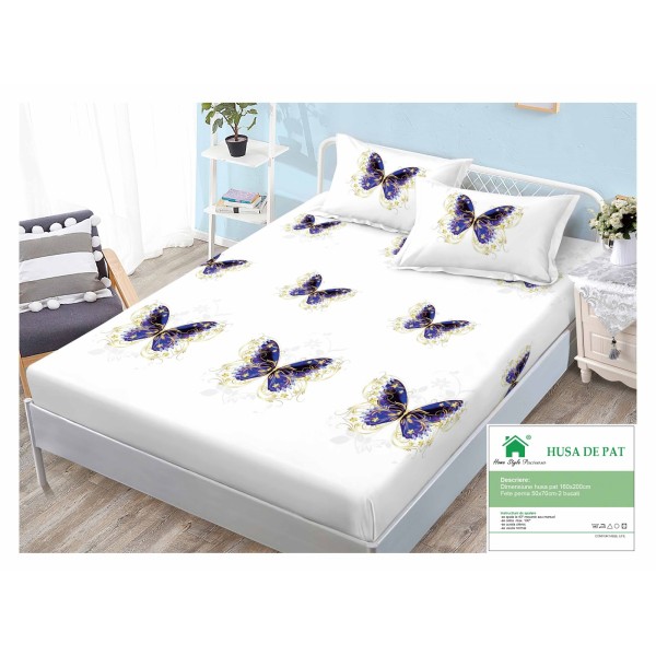 Cearsaf cu elastic, Bumbac FINET, 160x200cm, 2 fete de perne 50x70cm, Alb-Multicolor, fluturi, HDF-175