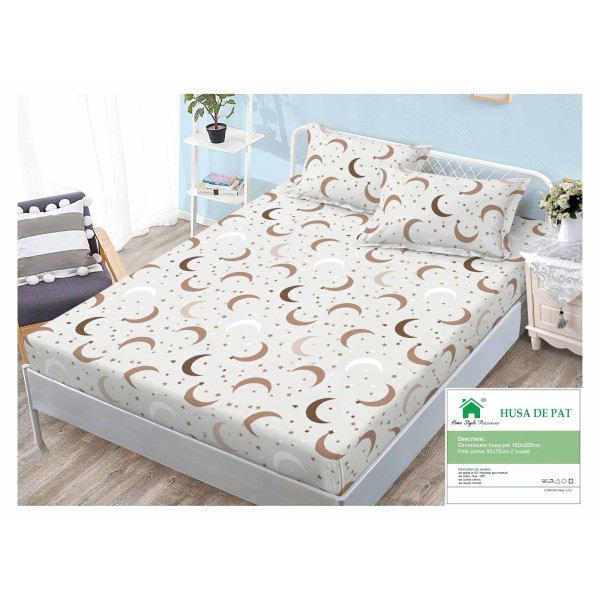 Cearsaf cu elastic, Bumbac FINET, 160x200cm, 2 fete de perne 50x70cm, Alb-Bej, semiluna, HDF-081