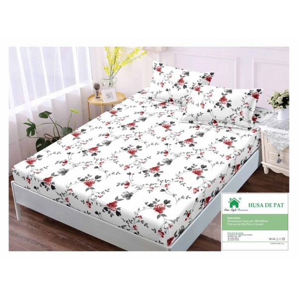 Cearsaf cu elastic, Bumbac FINET, 160x200cm, 2 fete de perne 50x70cm, Alb-Multicolor, flori, HDF-091