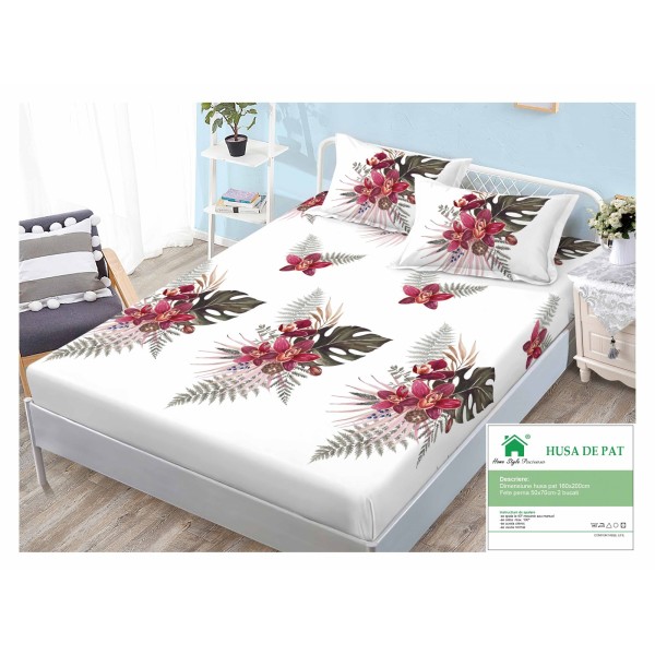 Cearsaf cu elastic, Bumbac FINET, 160x200cm, 2 fete de perne 50x70cm, Alb-Multicolor, flori, frunze, HDF-079