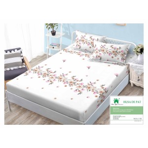 Cearsaf cu elastic, Bumbac FINET, 160x200cm, 2 fete de perne 50x70cm, Alb-Multicolor, flori, HDF-101