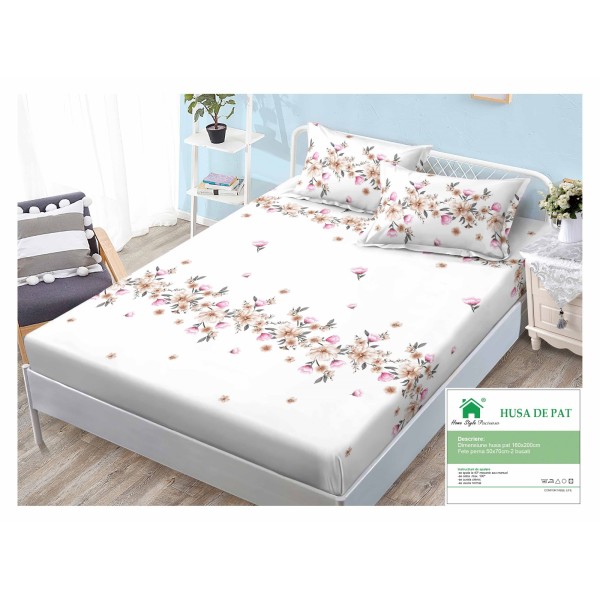 Cearsaf cu elastic, Bumbac FINET, 160x200cm, 2 fete de perne 50x70cm, Alb-Multicolor, flori, HDF-101