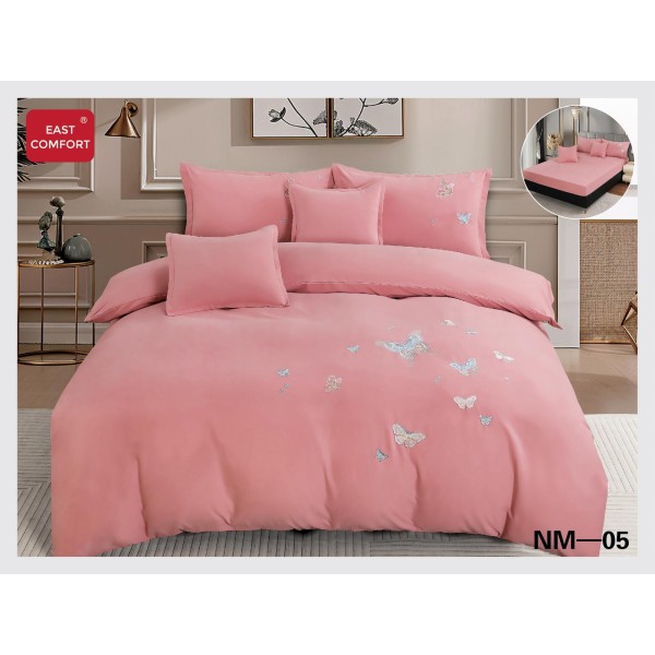 Lenjerie pat dublu, Catifea Deluxe, cu broderie, 6 Piese, cu ELASTIC, Roz, LCI-016