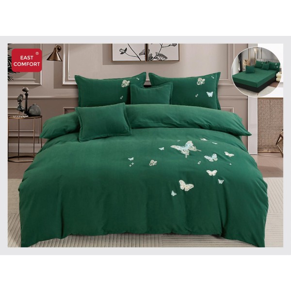 Lenjerie pat dublu, Catifea Deluxe, cu broderie, 6 Piese, cu ELASTIC, Verde, LCI-017