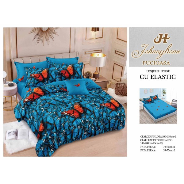 Set Lenjerie de pat din Finet Gros, Cearceaf cu ELASTIC, 6 Piese, Pat 2 Persoane, Albastru-Rosu, fluturi, LDE-124