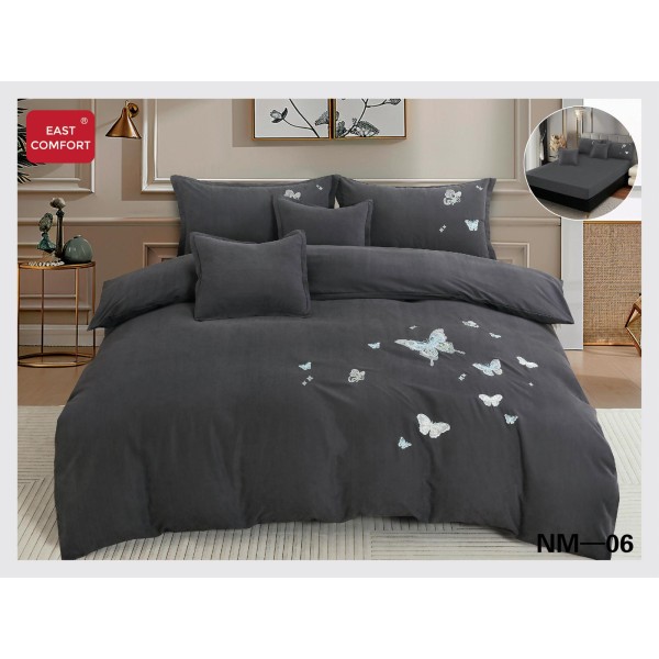 Lenjerie pat dublu, Catifea Deluxe, cu broderie, 6 Piese, cu ELASTIC, Gri inchis, LCI-021