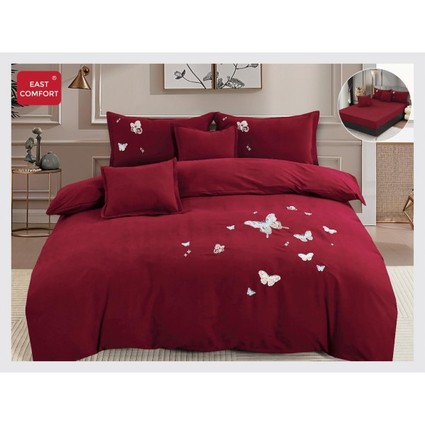 Lenjerie pat dublu, Catifea Deluxe, cu broderie, 6 Piese, cu ELASTIC, Bordo, LCI-024