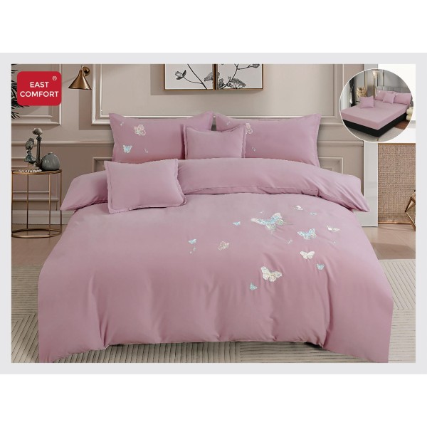 Lenjerie pat dublu, Catifea Deluxe, cu broderie, 6 Piese, cu ELASTIC, Lila, LCI-025