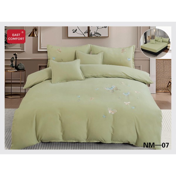 Lenjerie pat dublu, Catifea Deluxe, cu broderie, 6 Piese, cu ELASTIC, Verde, LCI-027