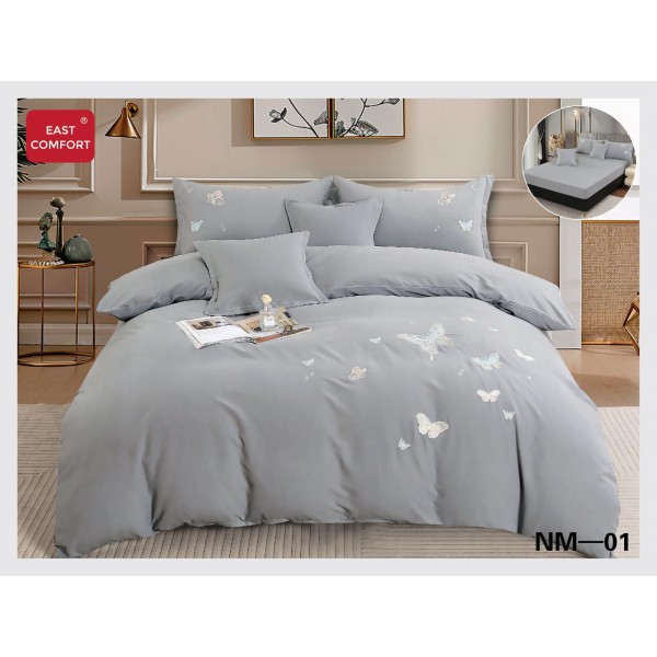 Lenjerie pat dublu, Catifea Deluxe, cu broderie, 6 Piese, cu ELASTIC, Gri deschis,  LCI-030