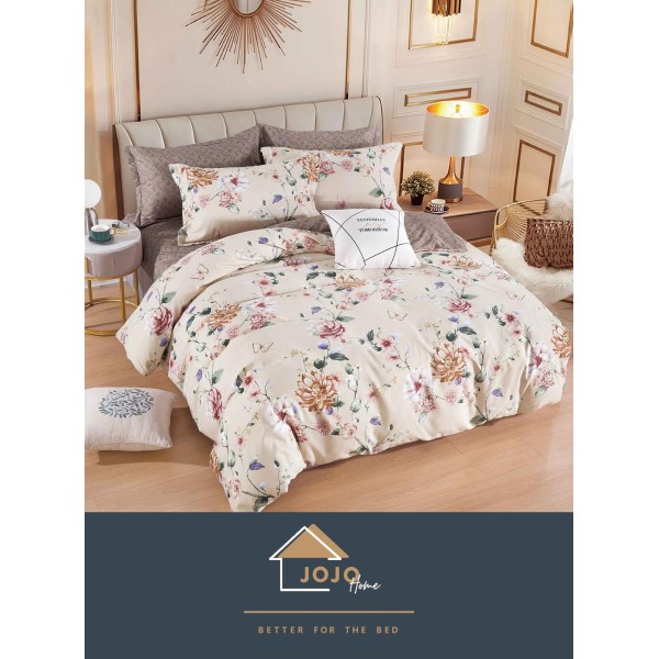 Set Lenjerie de pat din Finet Gros, Cearceaf cu ELASTIC, 6 Piese, Pat 2 Persoane, Crem-Multicolor, flori, LDE-032