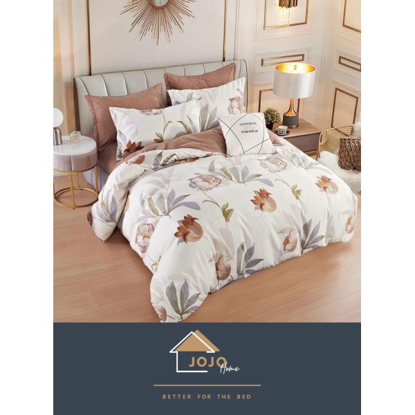 Set Lenjerie de Pat din Finet cu 2 Fete, 6 Piese, Pat 2 Persoane, Alb-Maro, flori, LDF-013