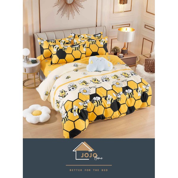 Set Lenjerie de Pat din Finet cu 2 Fete, 6 Piese, Pat 2 Persoane, Galben-Negru, albine, flori, LDF-003
