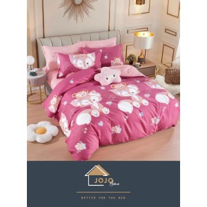 Set Lenjerie de Pat din Finet cu 2 Fete, 6 Piese, Pat 2 Persoane, Roz-Alb, vulpita, LDF-072