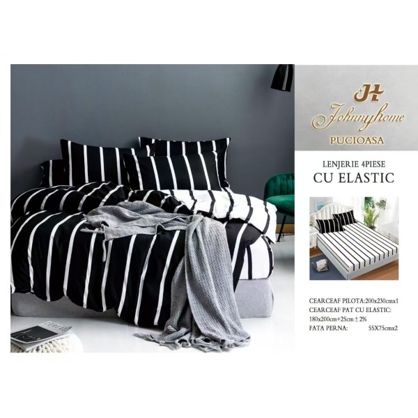 Lenjerie pat dublu, Bumbac Satinat Superior, 4 piese, cu ELASTIC, Negru-Alb, dungi, LDBSE-009