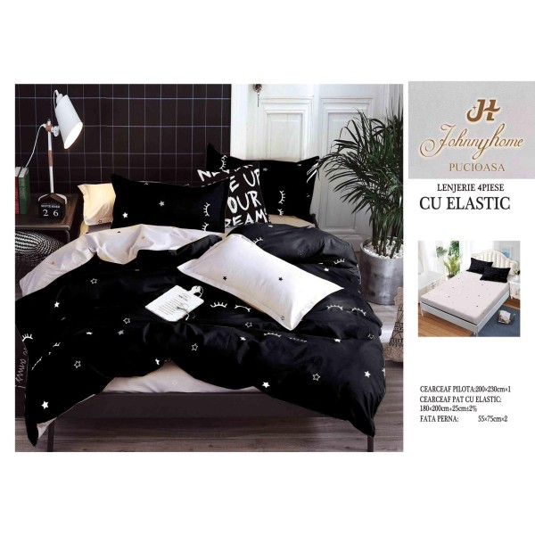 Lenjerie pat dublu, Bumbac Satinat Superior, 4 piese, cu ELASTIC, Negru-Alb, gene, LSE-005